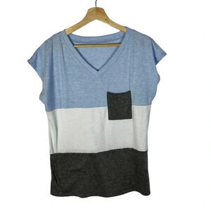 Boutique Blue & Gray Stripe Pocket Bust V-Neck Short Sleeve T-Shirt M